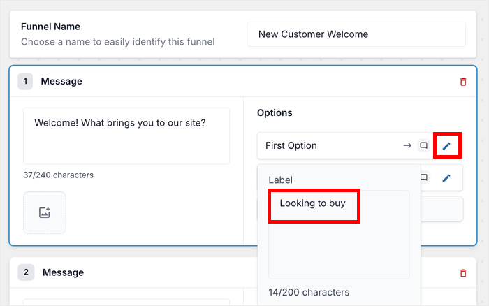 add options for chat funnel message