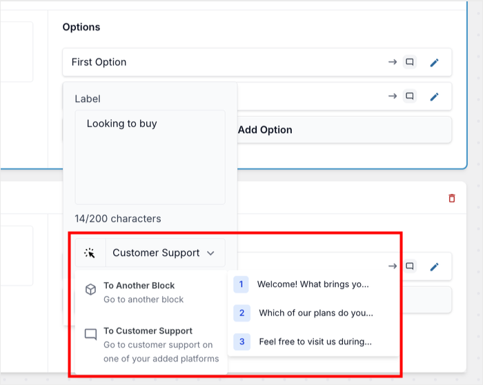 connect chat option to a block or customer support