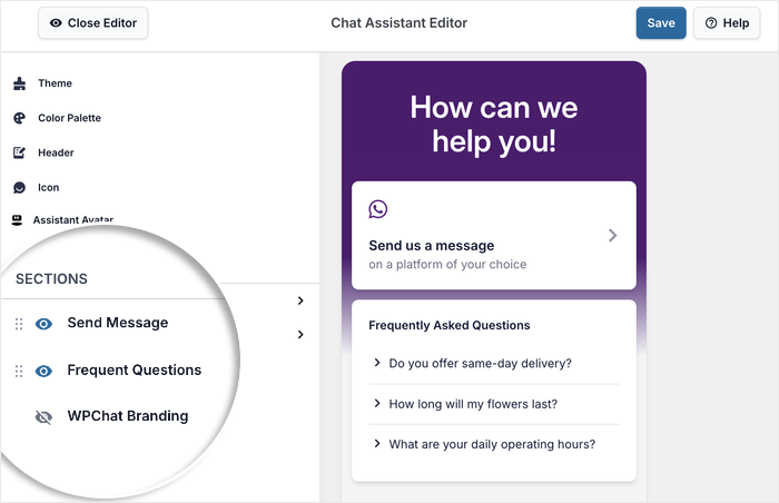 customize the visible sections in the chat widget