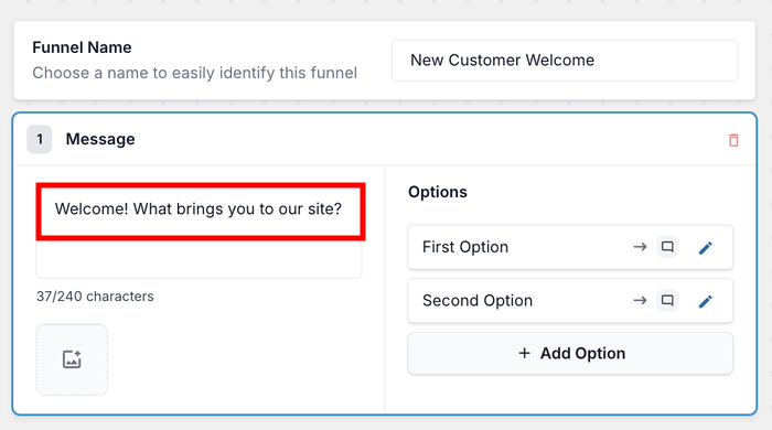 enter first message for chat funnel