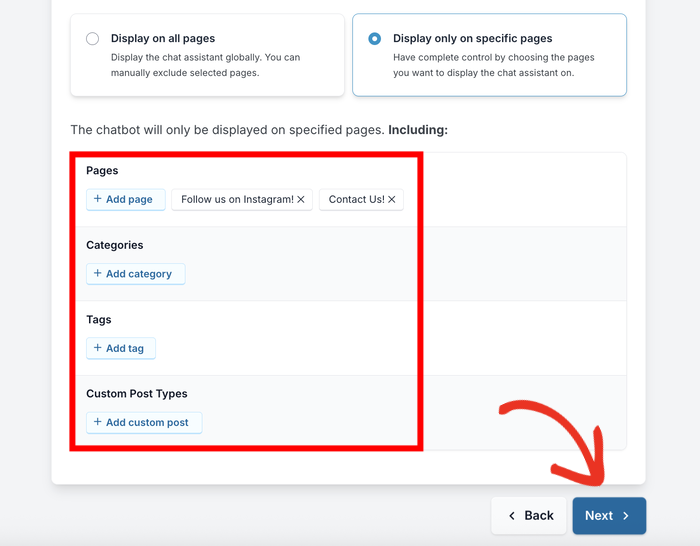 select the pages categories tags or custom post types
