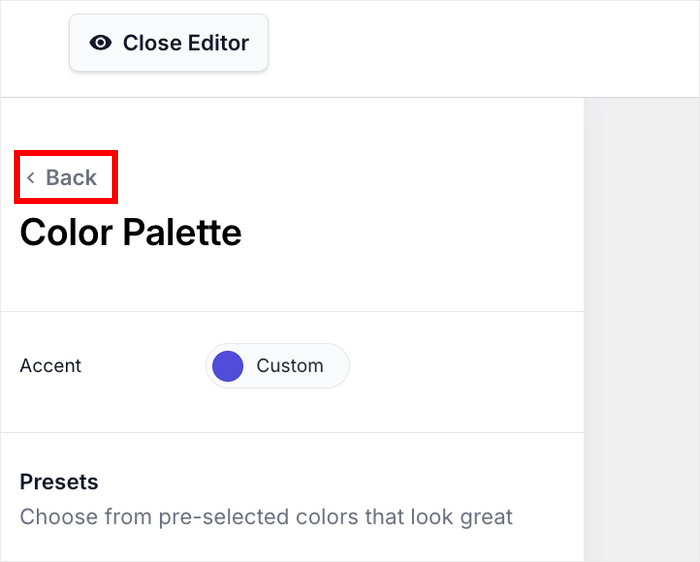 return to the main customization options