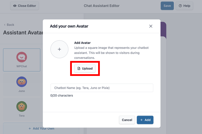 upload chat assistant profile picture