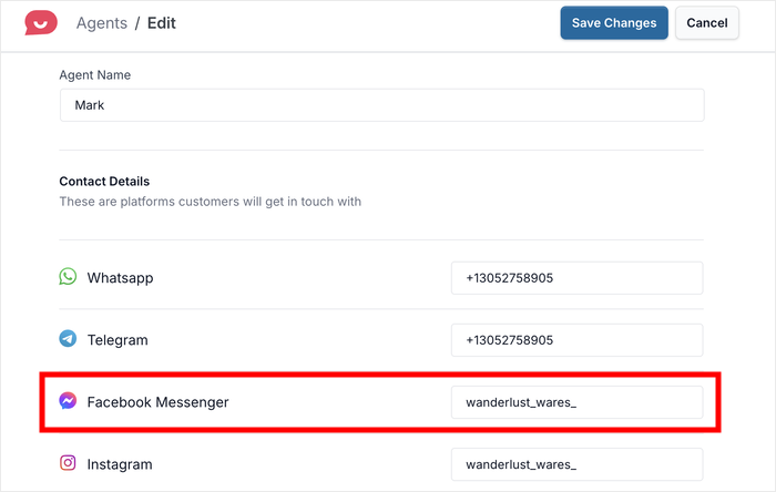 enter facebook messenger id in wpchat