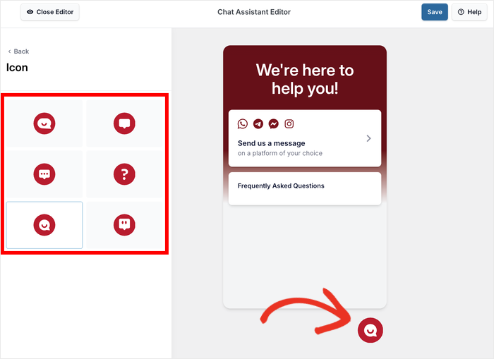 icon options for messenger chat button