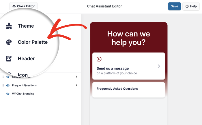 open color palette options for your instagram chat widget