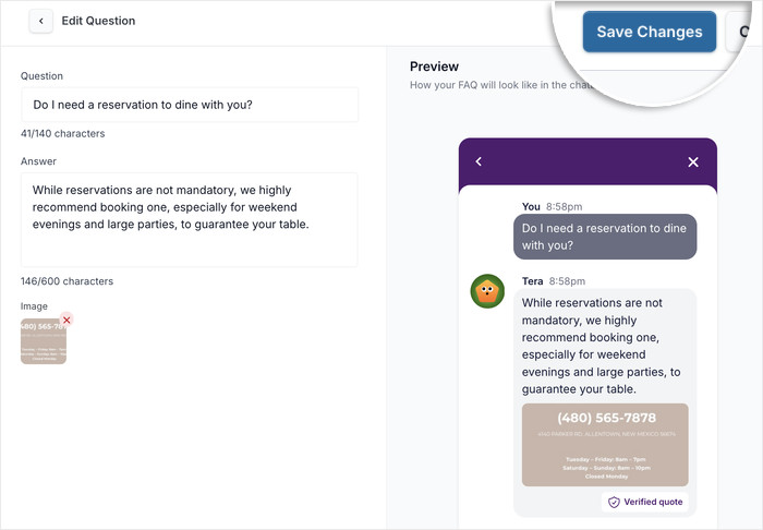 save changes to your faq bot