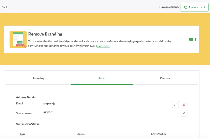 remove branding addon options for tawk to