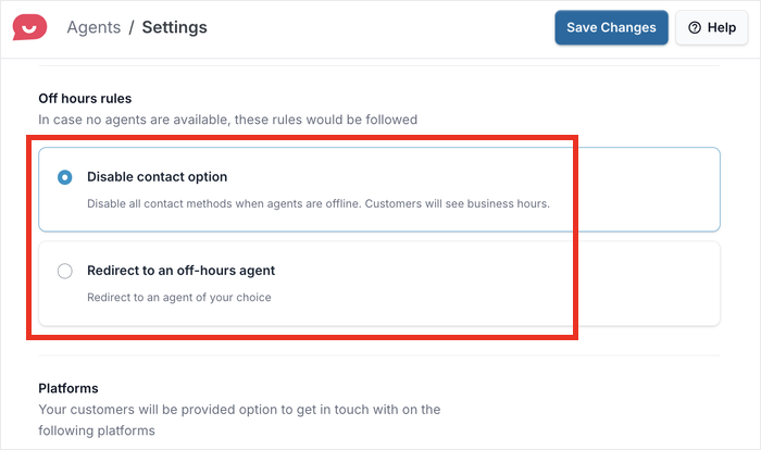 select offline contact settings in wpchat