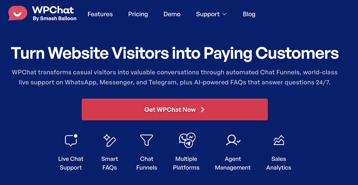 wpchat homepage with features
