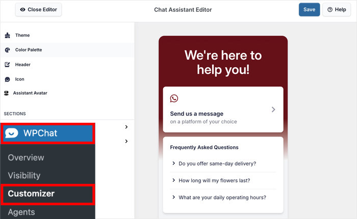 open the live customizer for wpchat