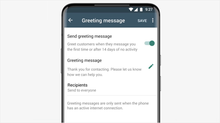 toggle on greeting message whatsapp
