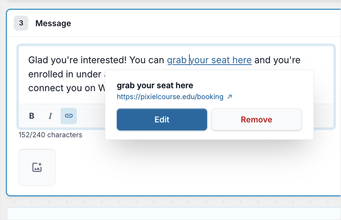 link added to the text editor for a chat funnel