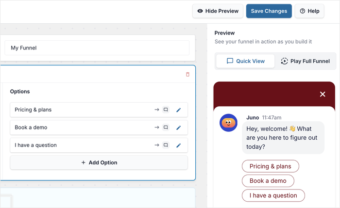 preview panel with a chat funnel
