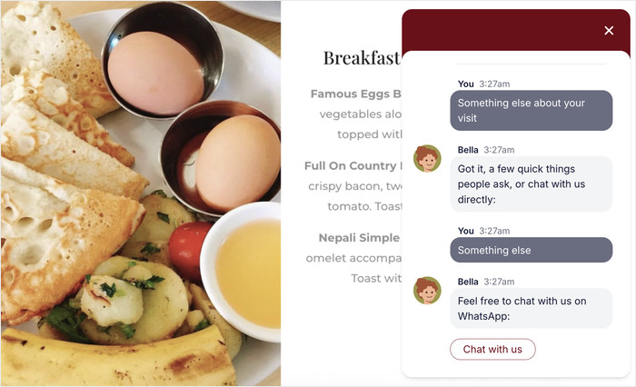 example of a restaurant chat funnel guiding users to chat