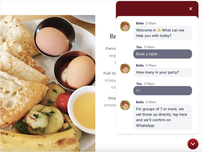 party information for restaurant chat funnel