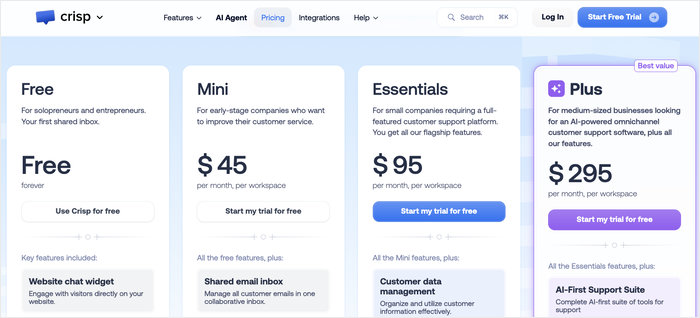 pricing page for crisp - WPChat pricing page for crisp