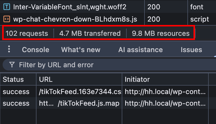 summary of data transferred in a page