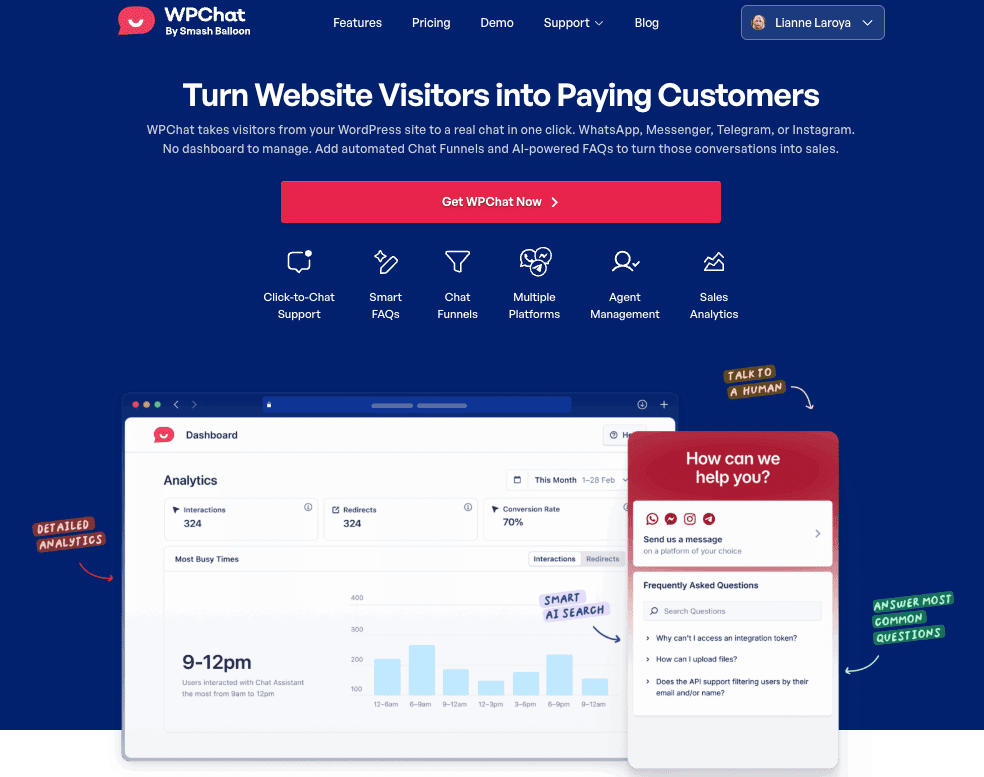 Hero: WPChat landing page with dark blue background, logo, headline 'Turn Website Visitors into Paying Customers', red 'Get WPChat Now' button, six feature icons, and a laptop/mobile dashboard screenshot showing analytics and a chat panel.