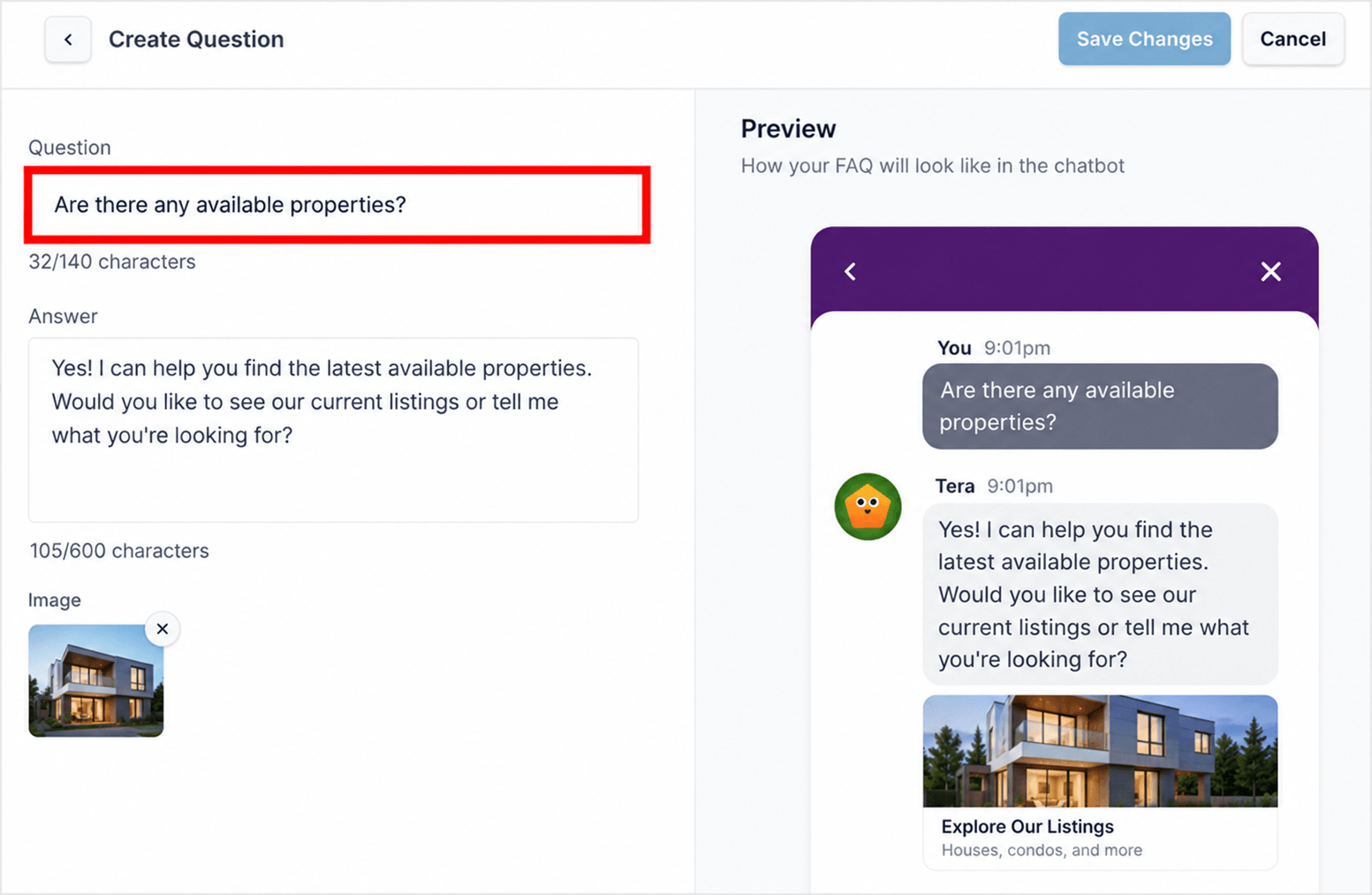 whatsapp chat for real estate websites - chat funnels - WPChat Form to create a question: 'Are there any available properties?' with an answer preview and a small house image thumbnail on the left.